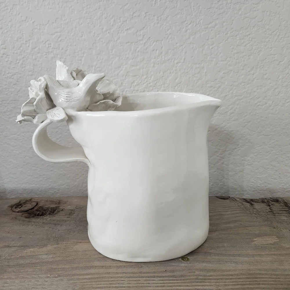 Vintage Handmade White Bird Flower  Delicate Ceramic Pitcher Vase